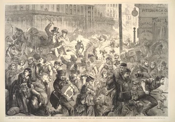 El gran incendio en Chicago: ciudadanos en pánico corriendo junto al Sherman House, ilustración de Frank Leslies Illustrated Newspaper, 1871